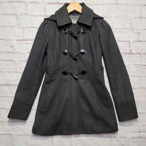 Guess Coat Womens‎ Small Black Wool Blend Full Zip Removeable Hooded Toggle